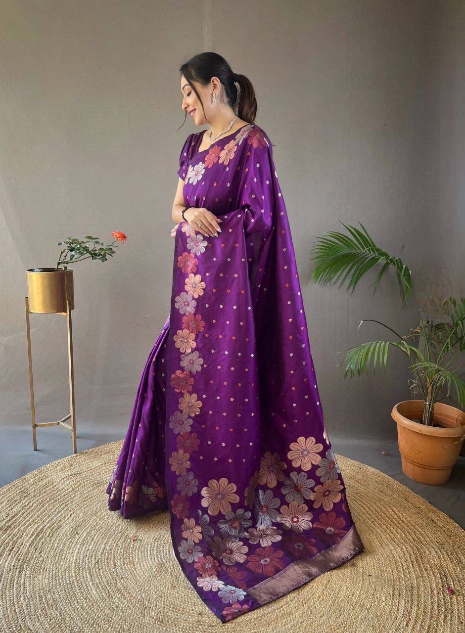Purple Floral Woven Saree with Multicolor Motifs