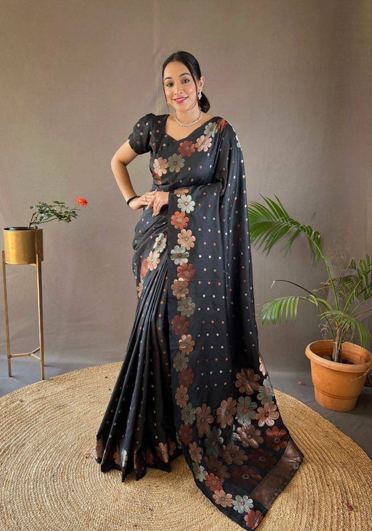 Black Floral Woven Saree with Multicolor Motifs