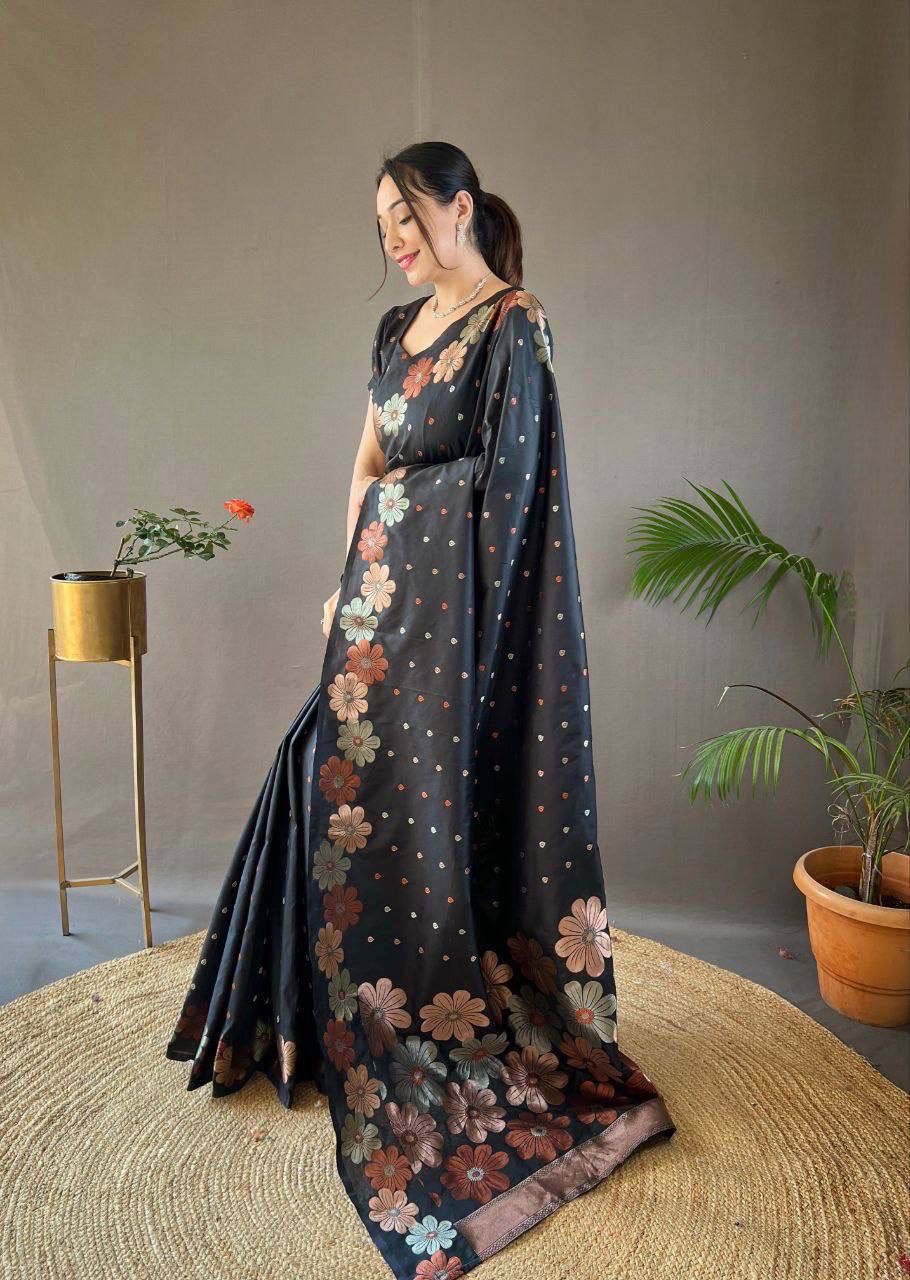 Black Floral Woven Saree with Multicolor Motifs