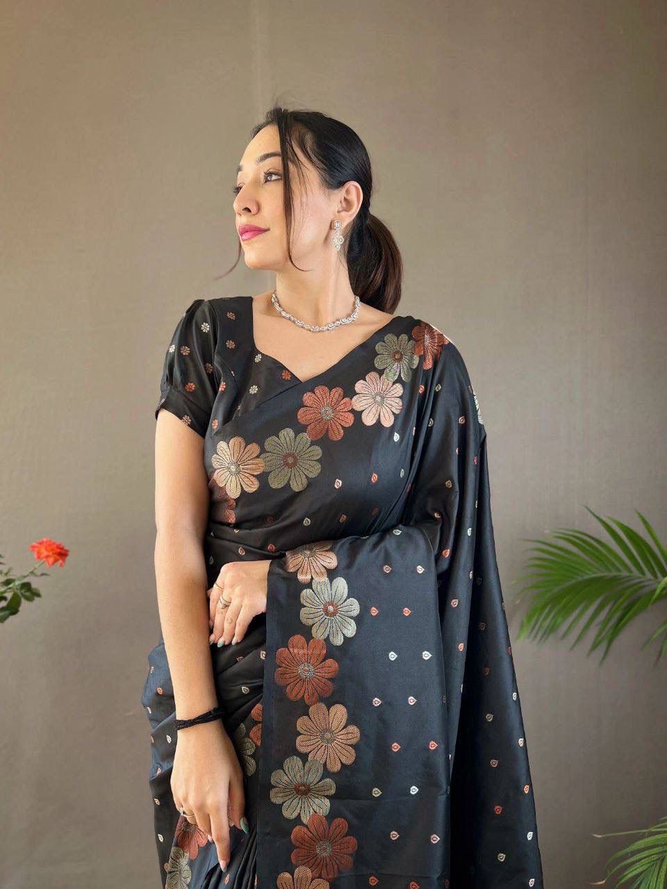 Black Floral Woven Saree with Multicolor Motifs
