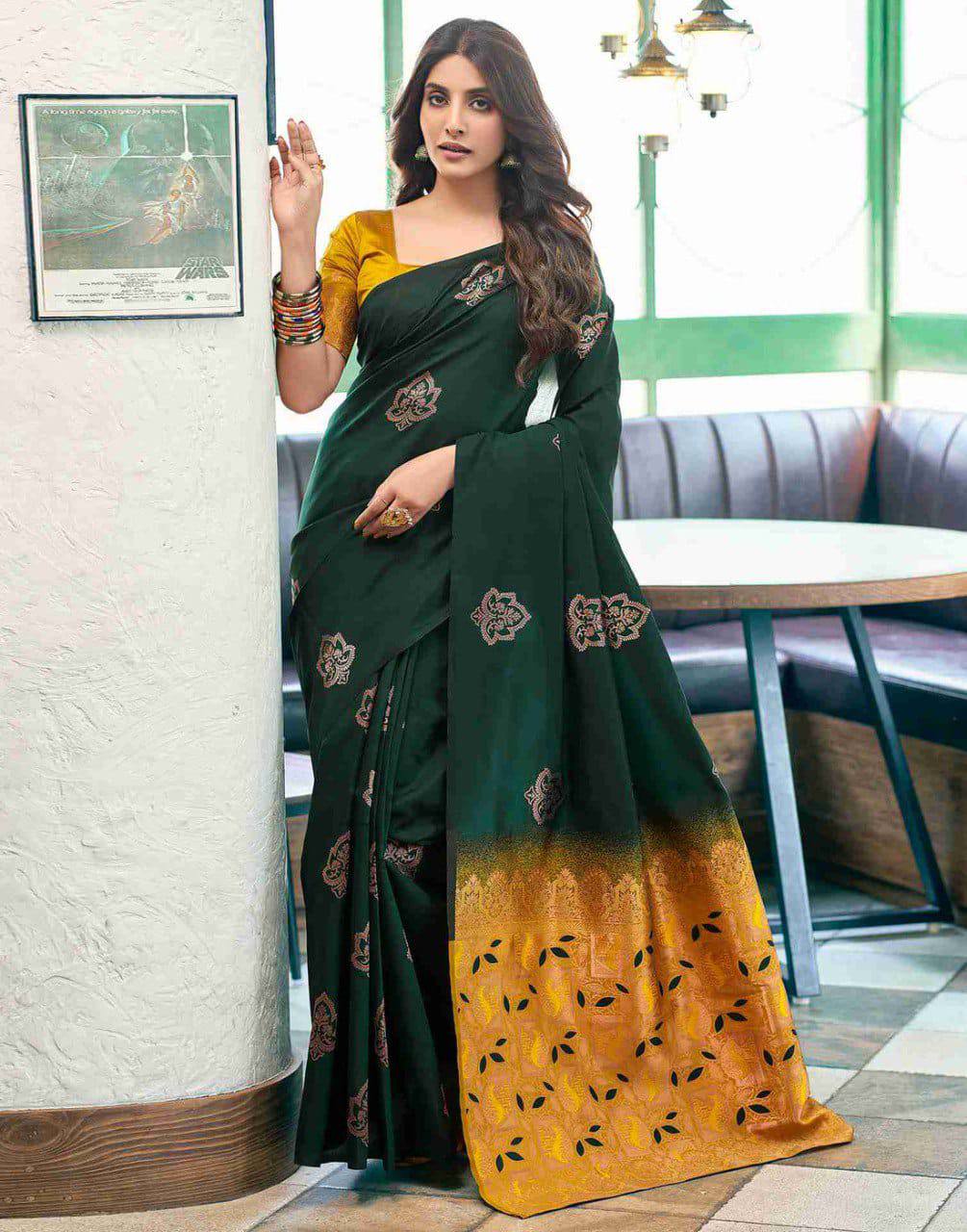 Bottle Green Saree with Mustard Woven Pallu