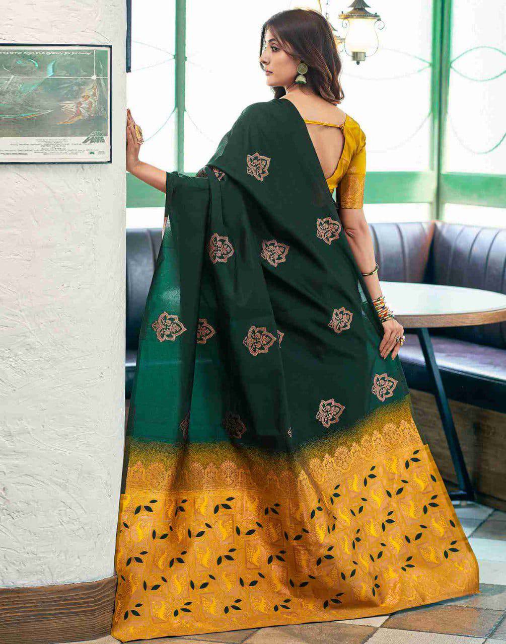 Bottle Green Saree with Mustard Woven Pallu