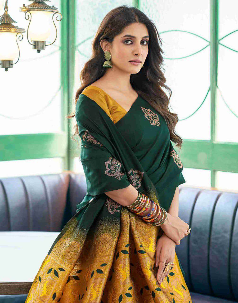 Bottle Green Saree with Mustard Woven Pallu