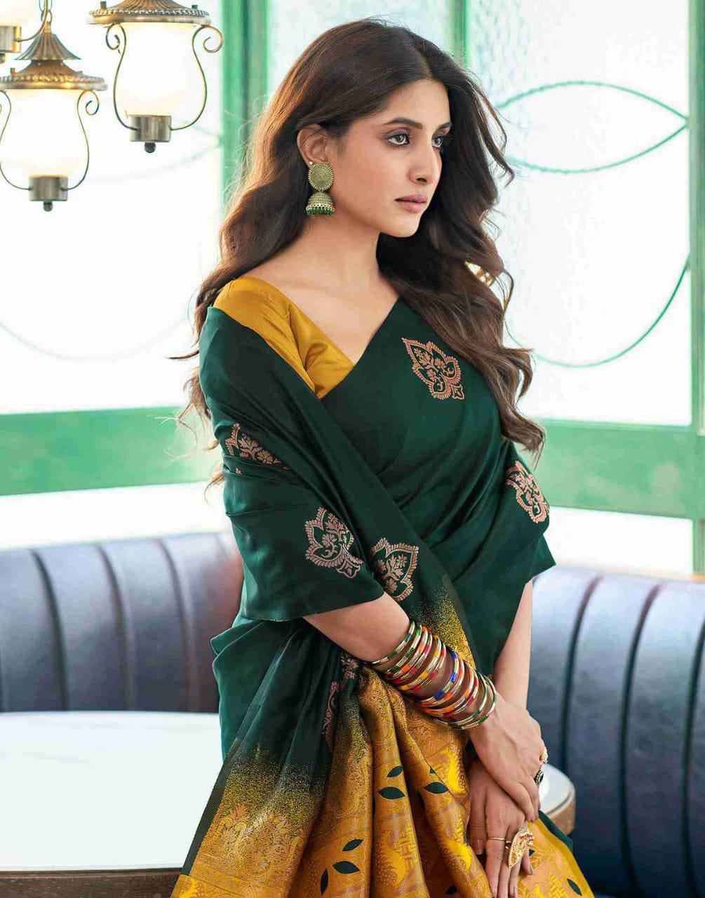 Bottle Green Saree with Mustard Woven Pallu
