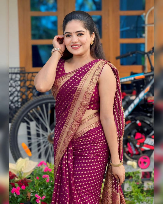 Wine Purple Saree with Golden Polka Motifs