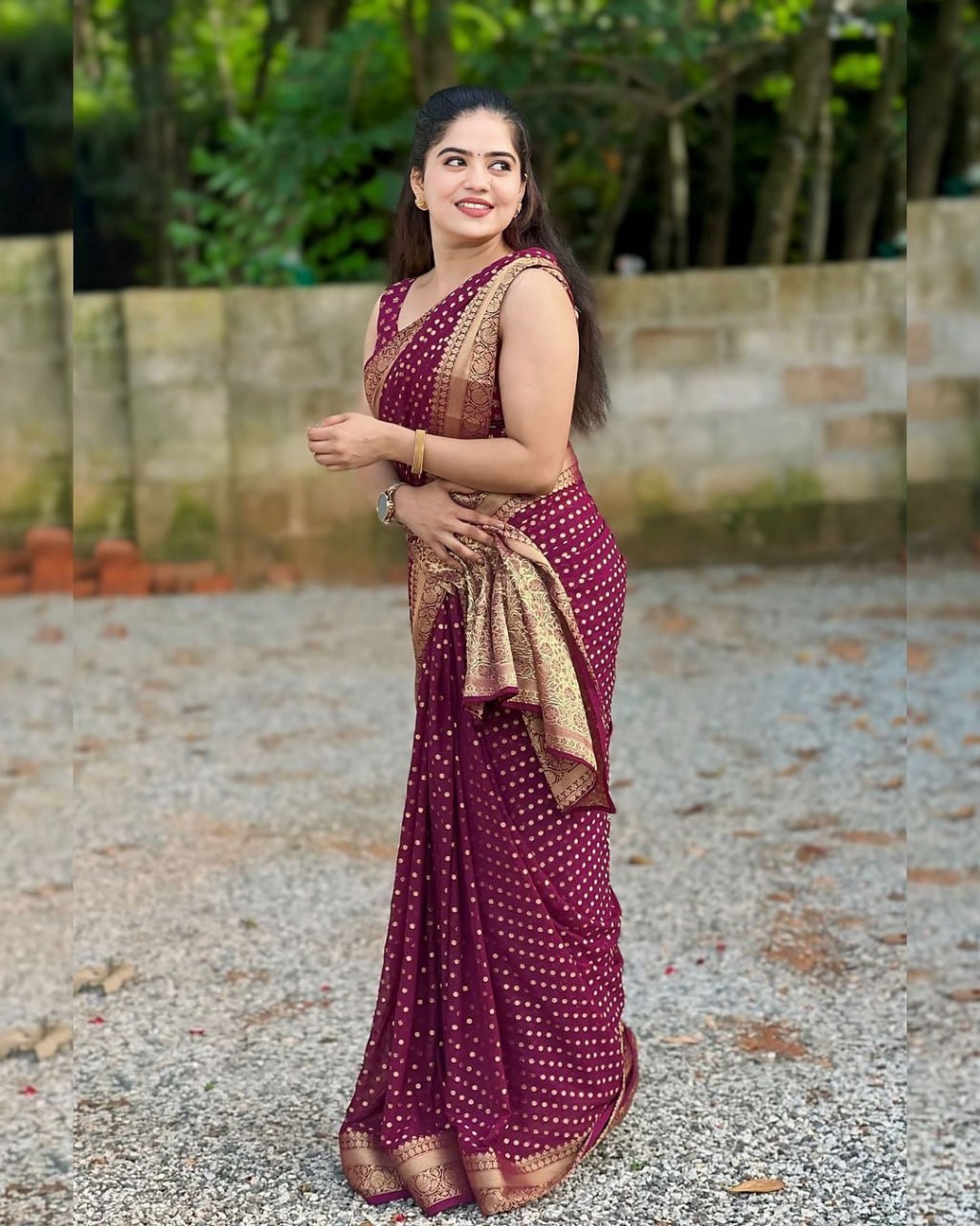 Wine Purple Saree with Golden Polka Motifs