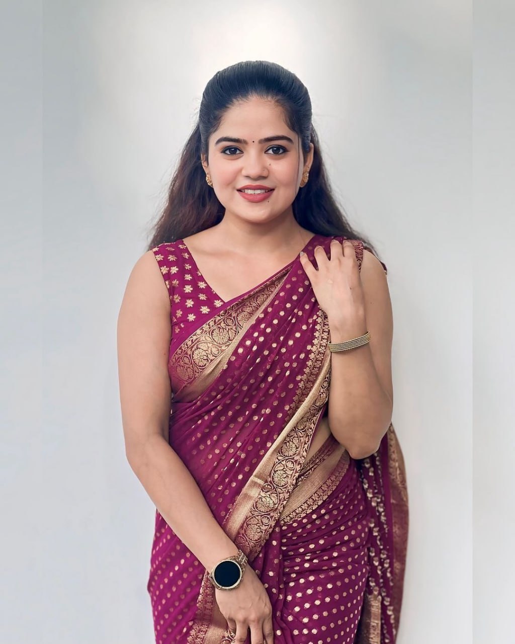 Wine Purple Saree with Golden Polka Motifs