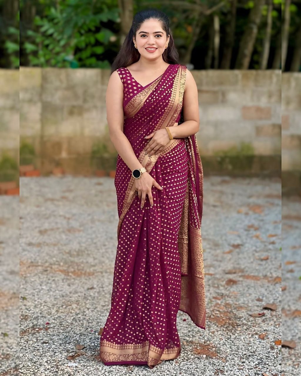 Wine Purple Saree with Golden Polka Motifs