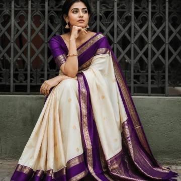 Royal Ivory and Purple Zari Border Traditional Saree
