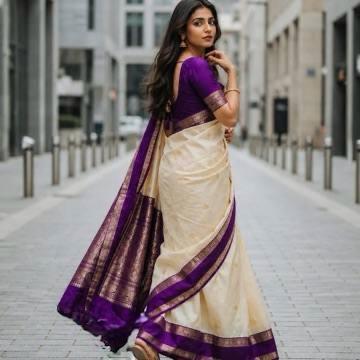 Royal Ivory and Purple Zari Border Traditional Saree