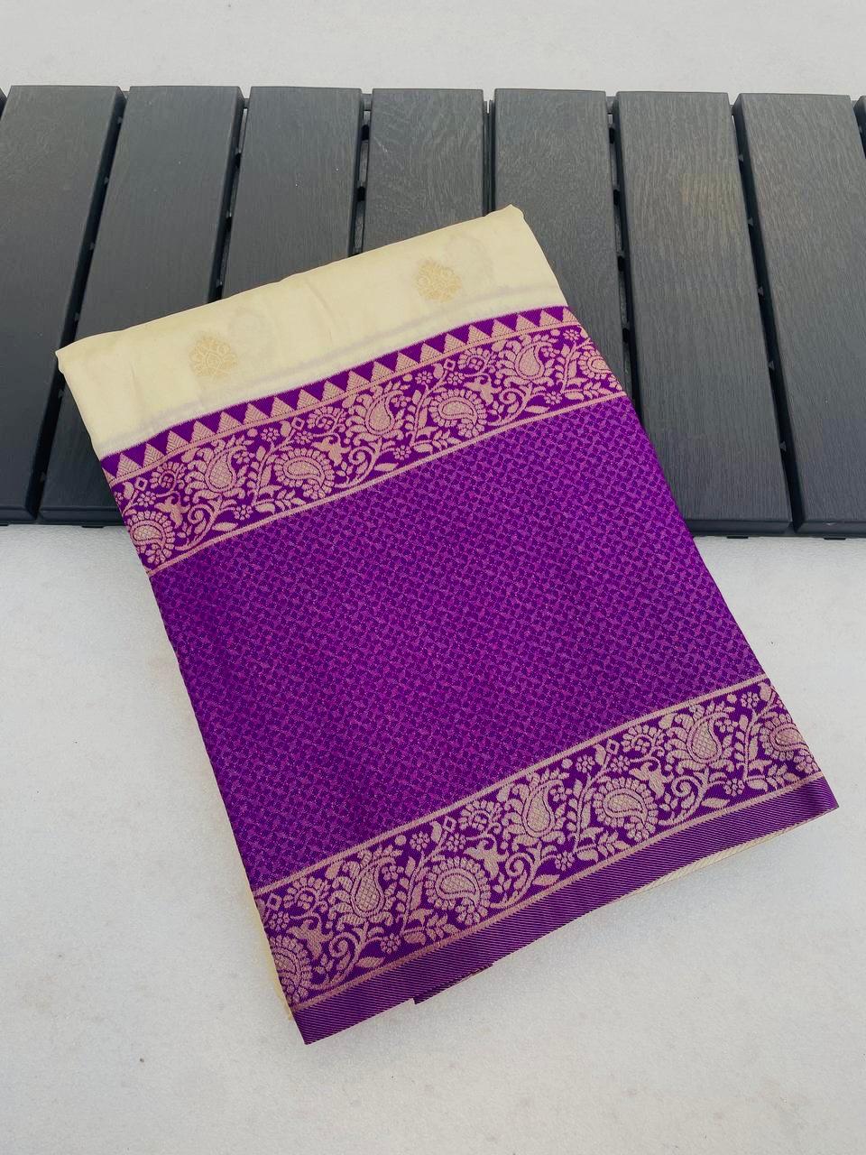 Royal Ivory and Purple Zari Border Traditional Saree