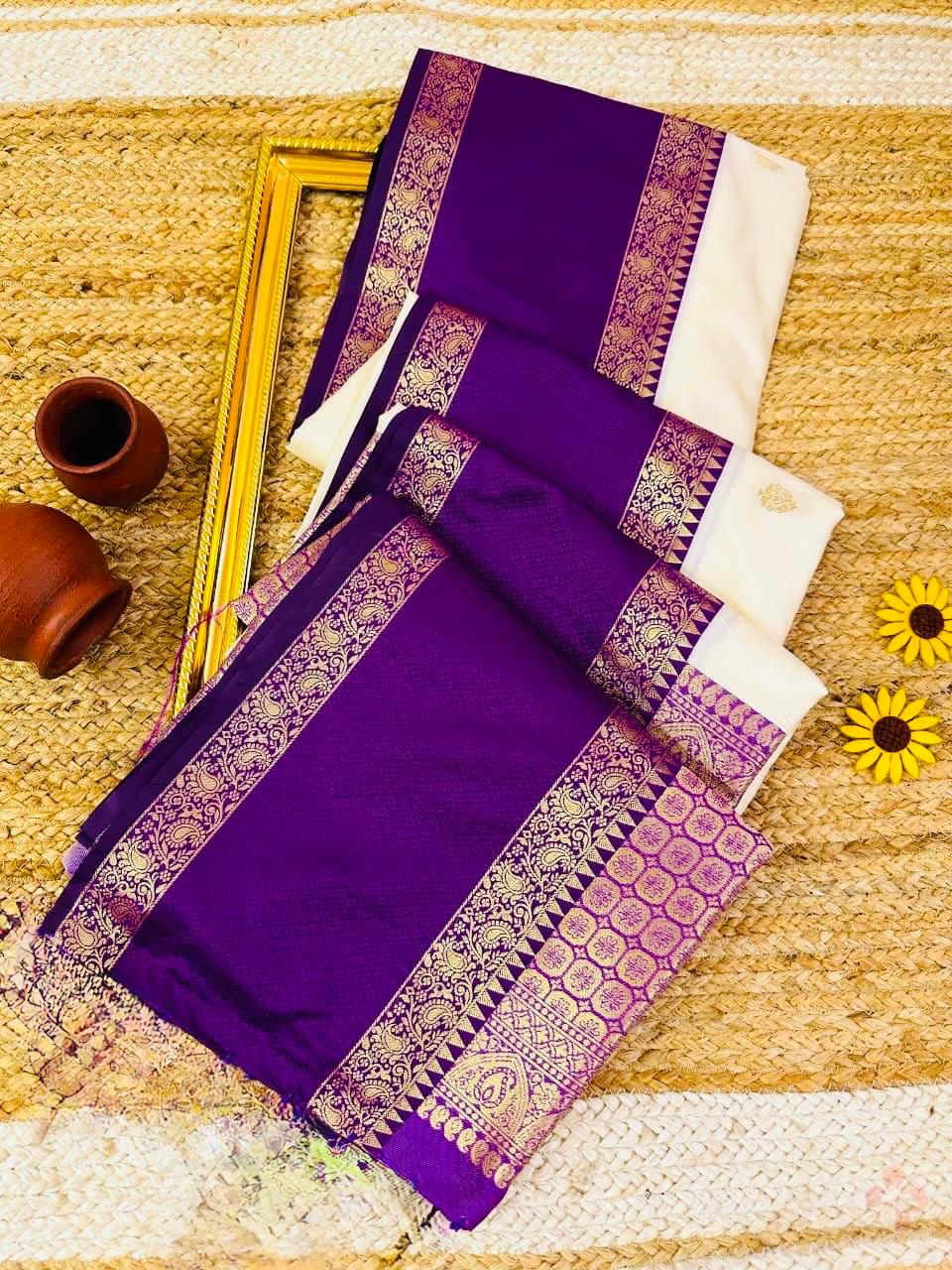 Royal Ivory and Purple Zari Border Traditional Saree