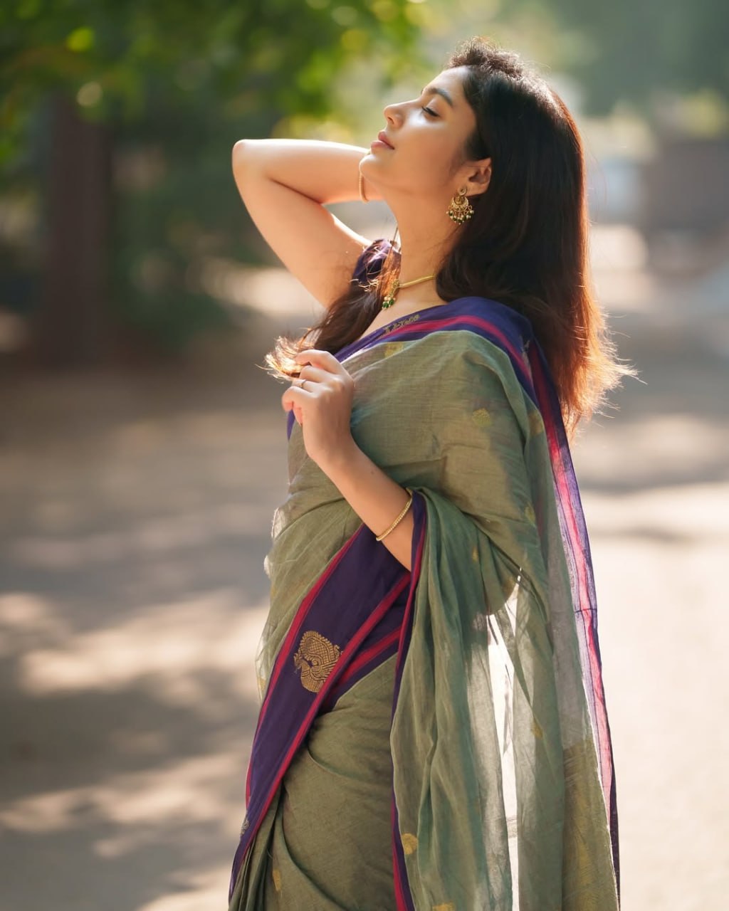 Sage Green and amp Royal Purple Woven Border Traditional Saree