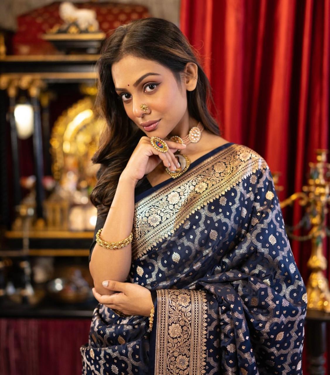 Royal Navy Blue Banarasi-Style Woven Saree with Gold Zari Border