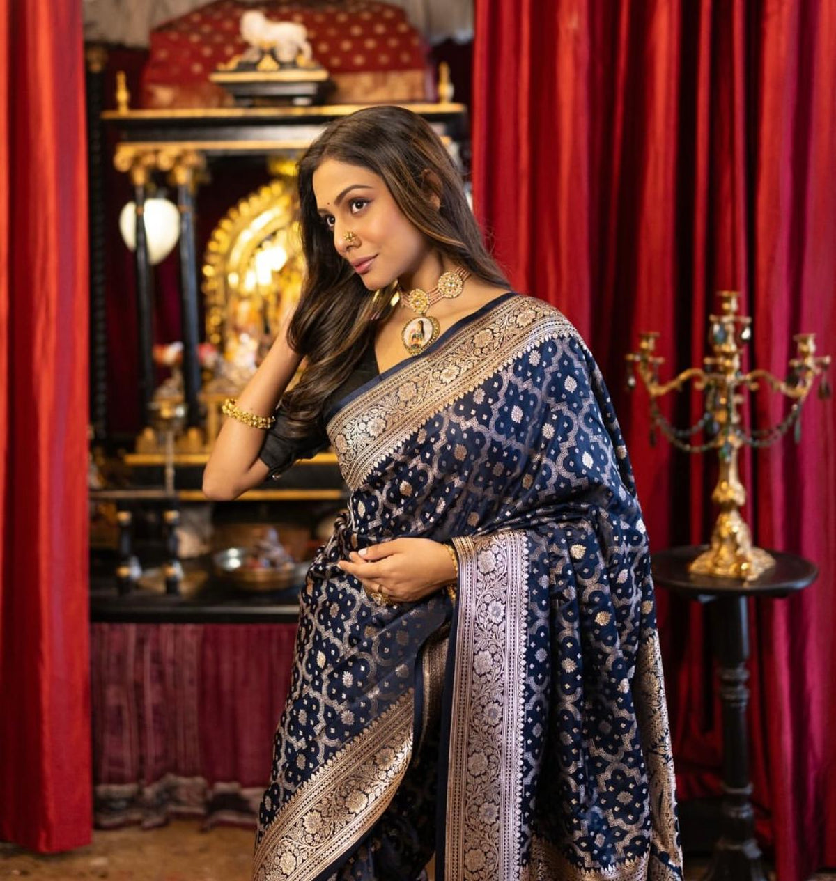 Royal Navy Blue Banarasi-Style Woven Saree with Gold Zari Border