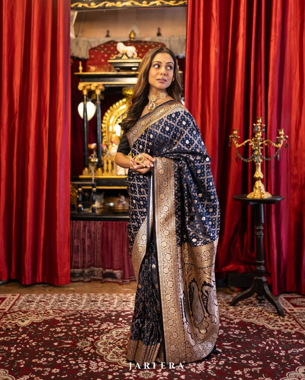 Royal Navy Blue Banarasi-Style Woven Saree with Gold Zari Border