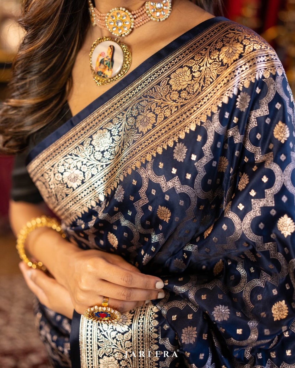 Royal Navy Blue Banarasi-Style Woven Saree with Gold Zari Border
