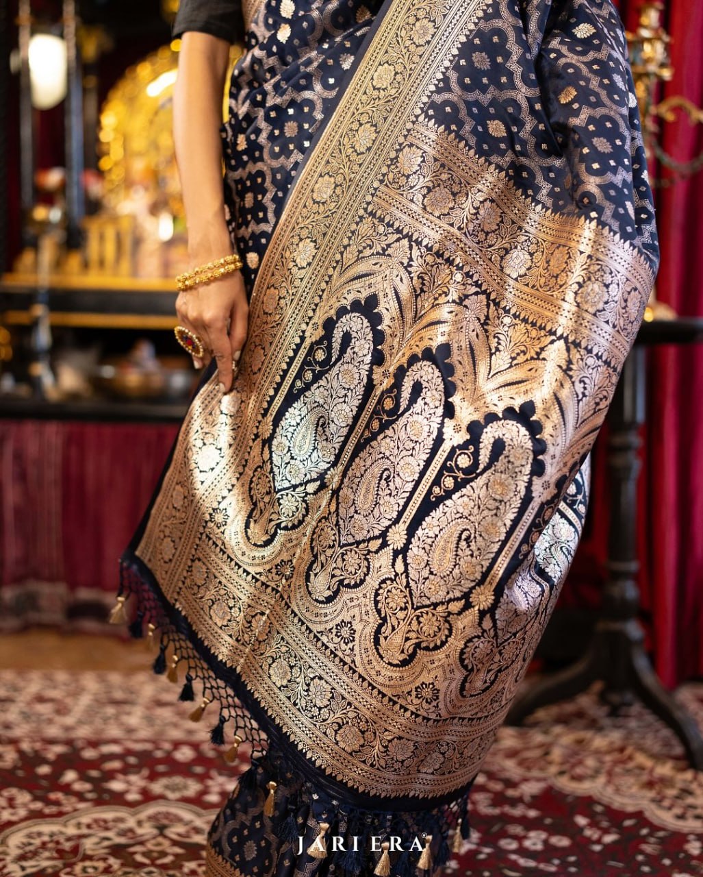 Royal Navy Blue Banarasi-Style Woven Saree with Gold Zari Border