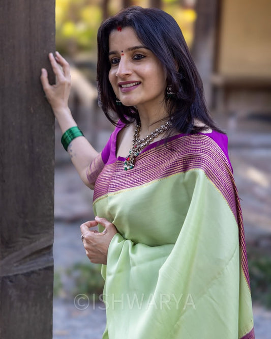 Pista Green Saree with Magenta &amp; Gold Woven Border