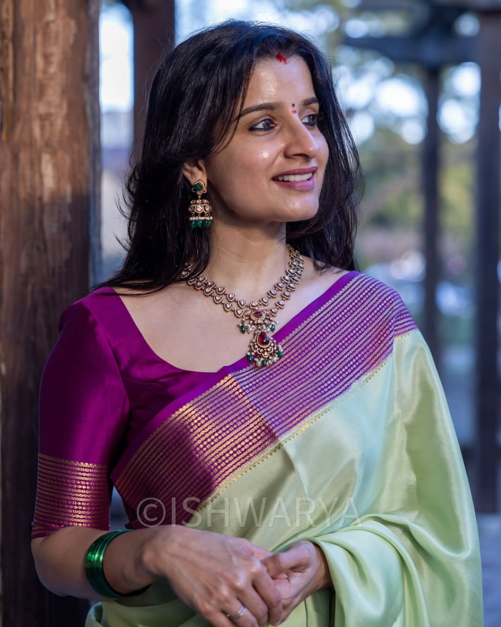 Pista Green Saree with Magenta &amp; Gold Woven Border