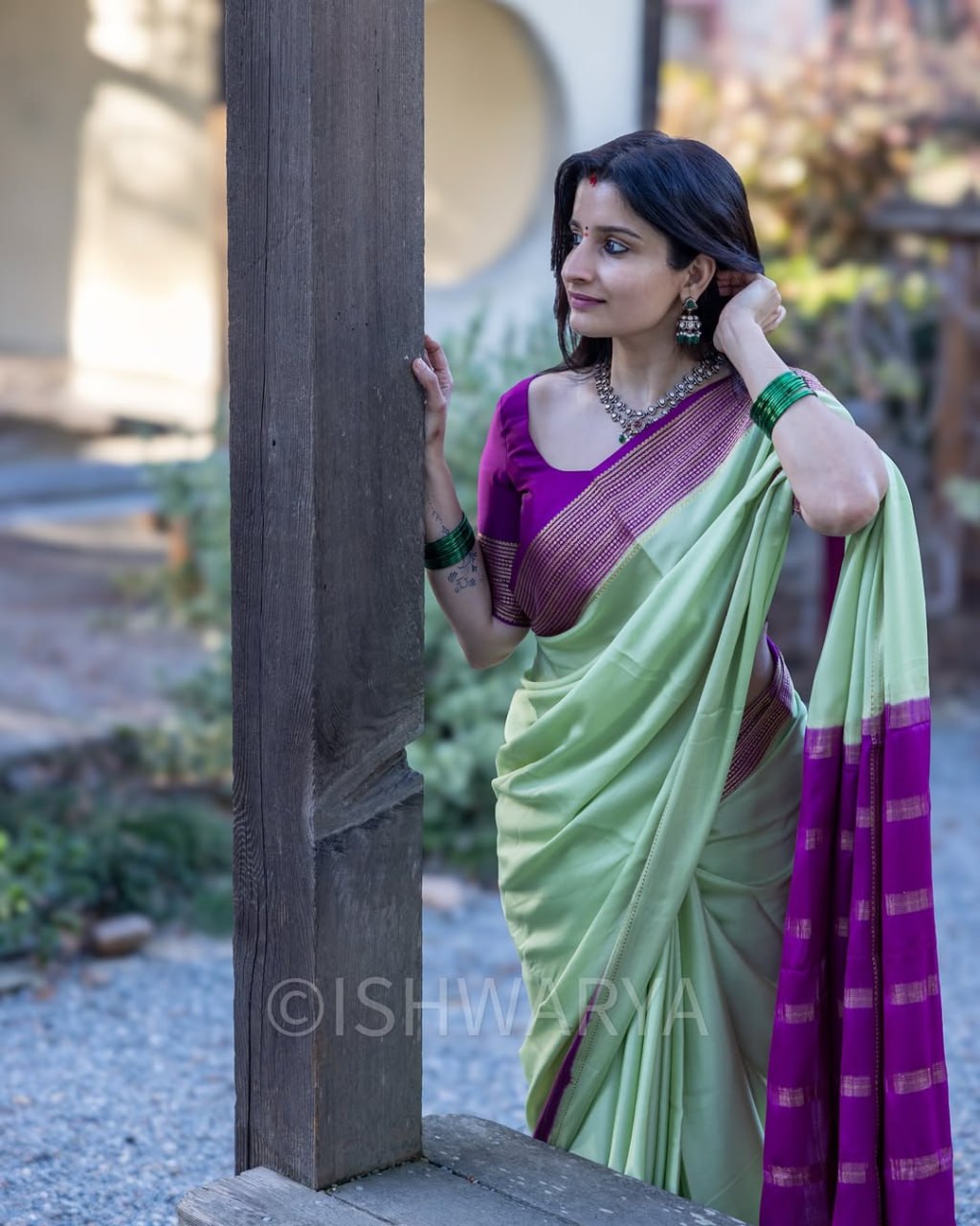 Pista Green Saree with Magenta &amp; Gold Woven Border