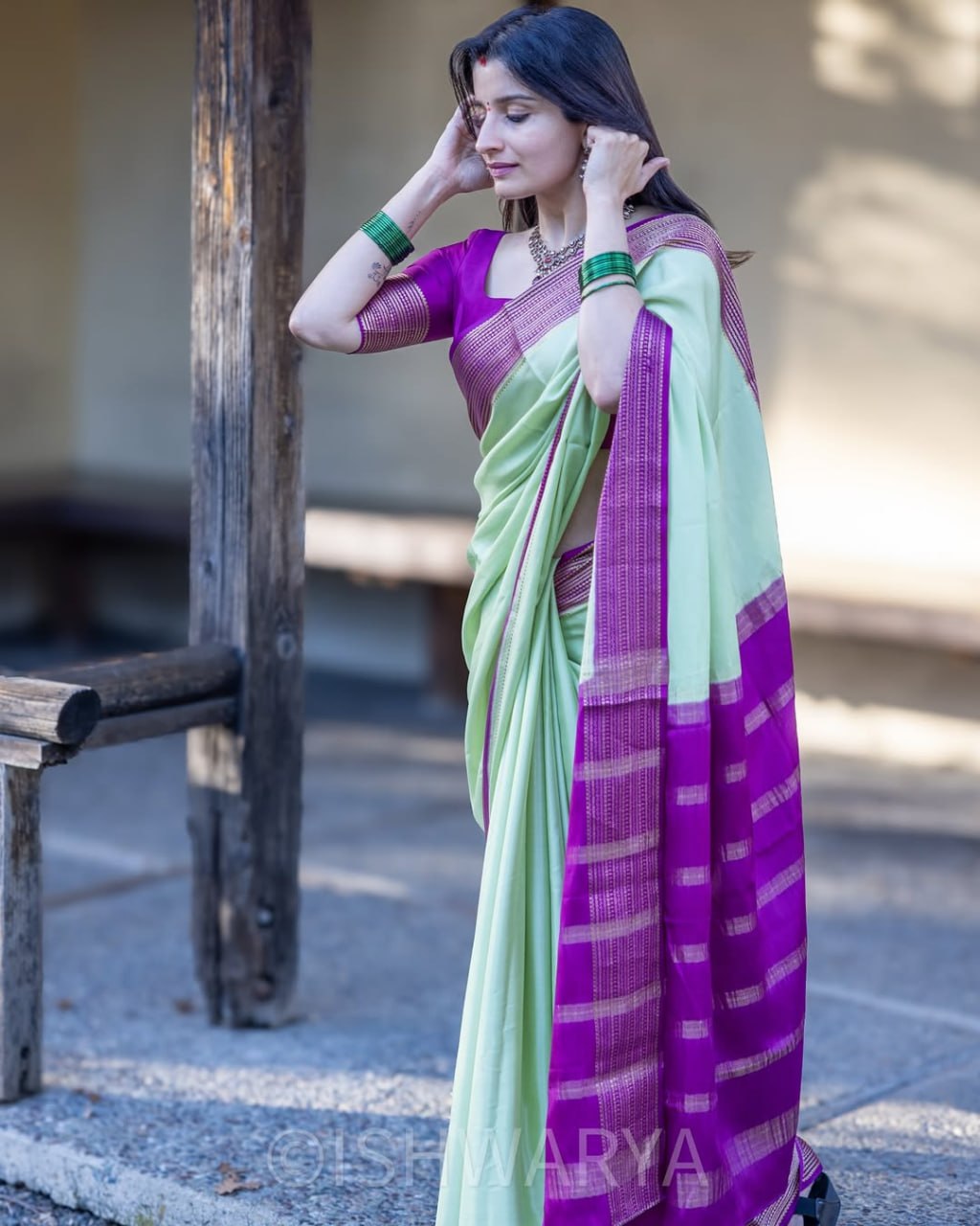 Pista Green Saree with Magenta &amp; Gold Woven Border