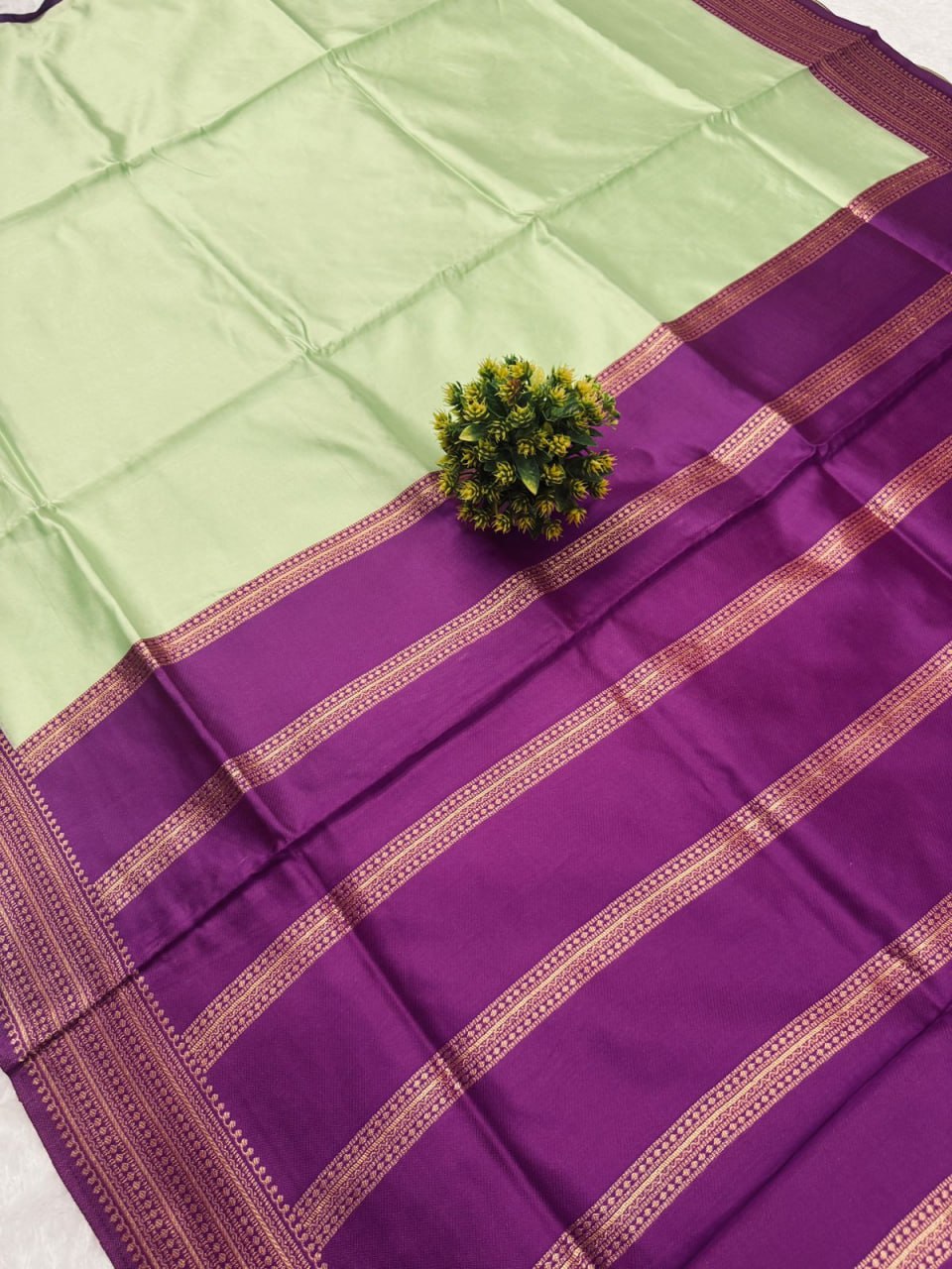 Pista Green Saree with Magenta &amp; Gold Woven Border