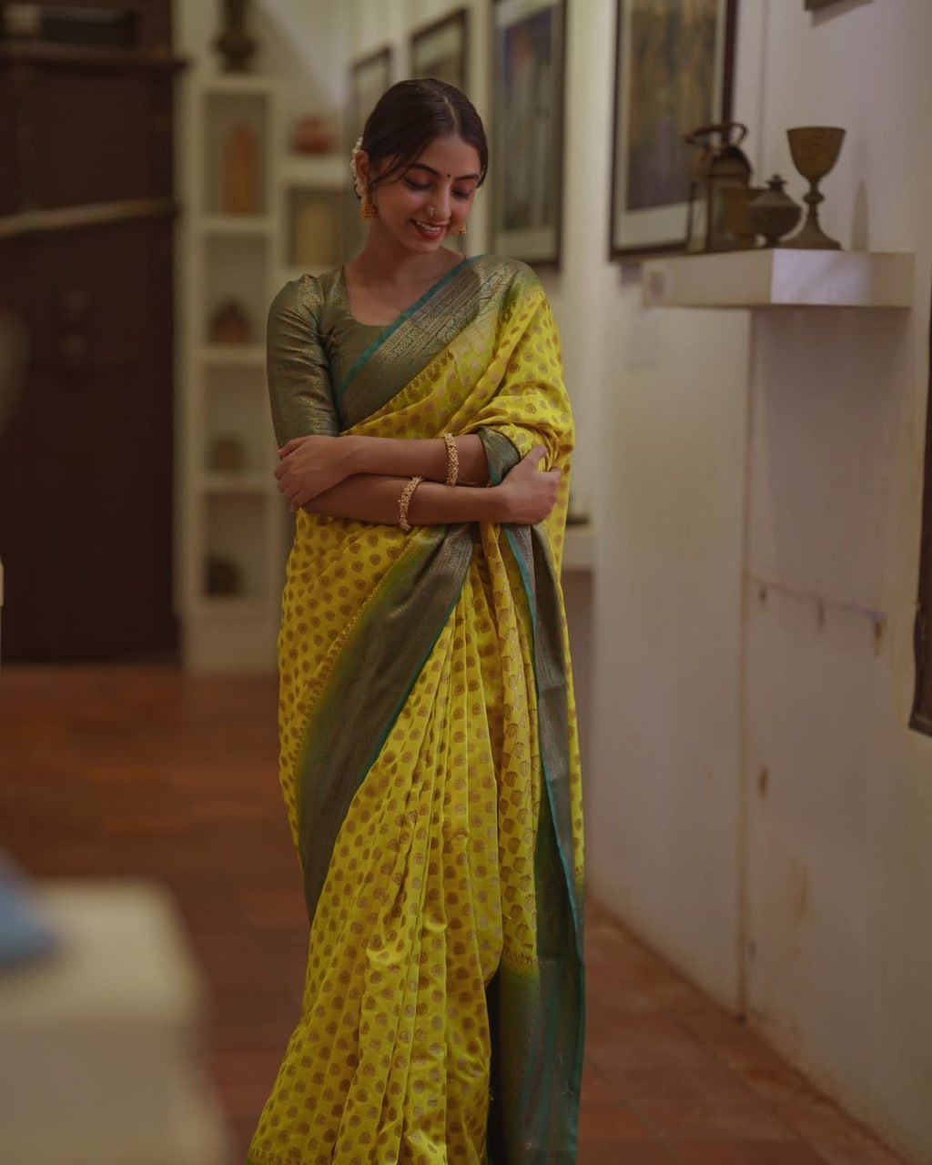 Lime Yellow and amp Teal Green Zari Woven Traditional Saree