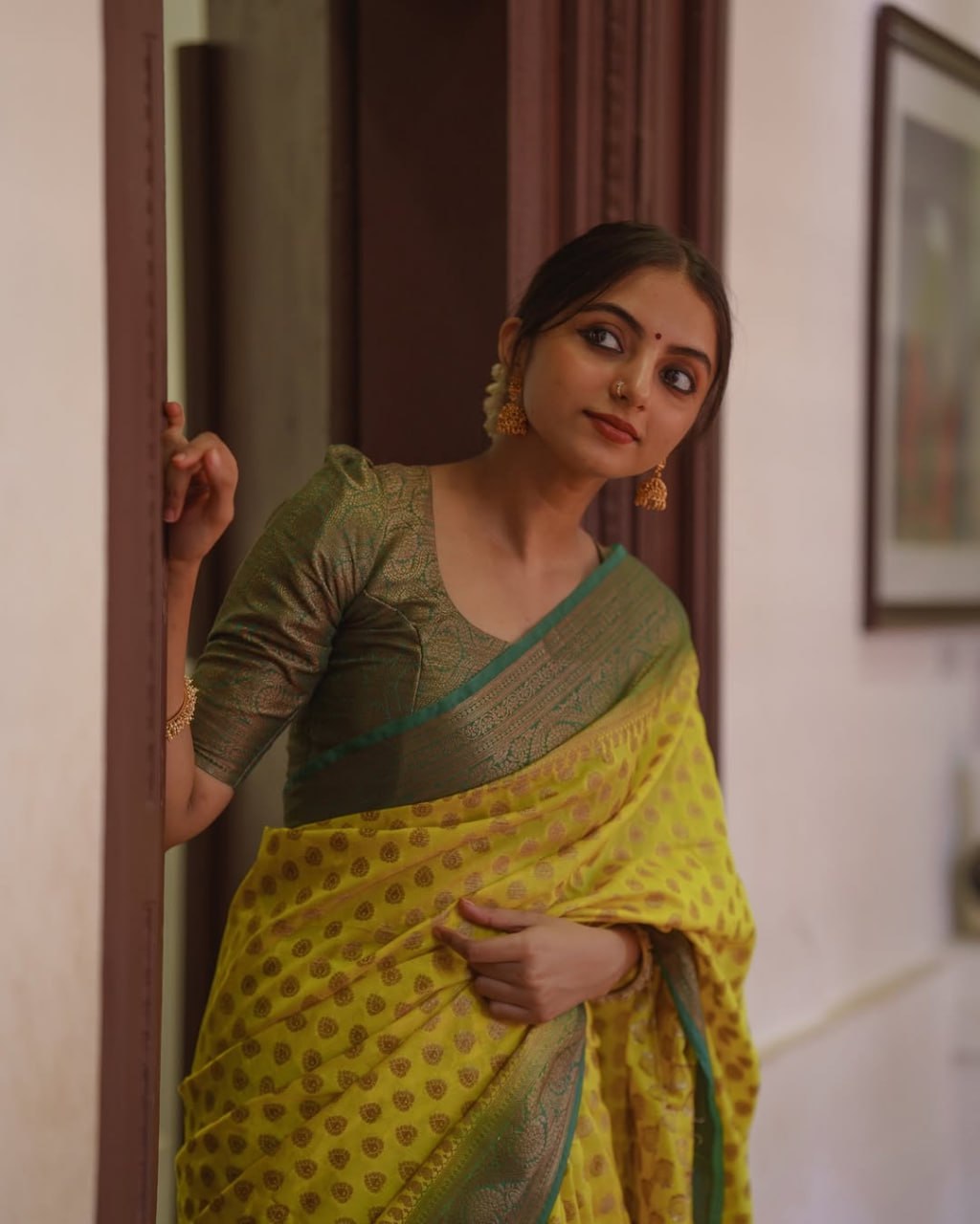 Lime Yellow and amp Teal Green Zari Woven Traditional Saree