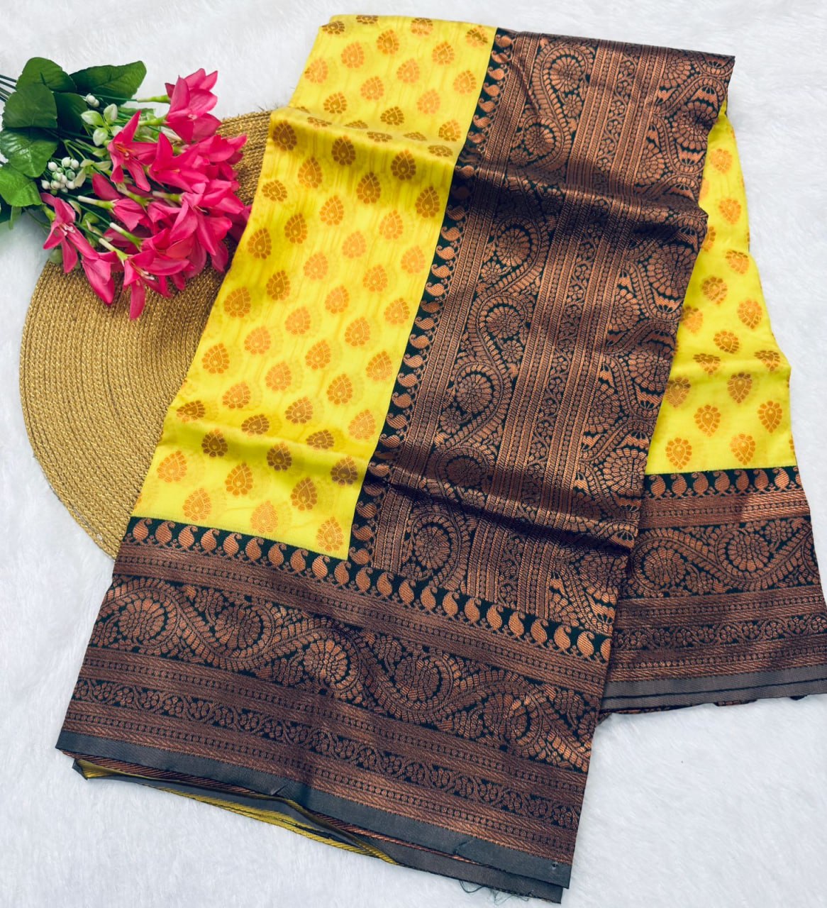 Lime Yellow and amp Teal Green Zari Woven Traditional Saree