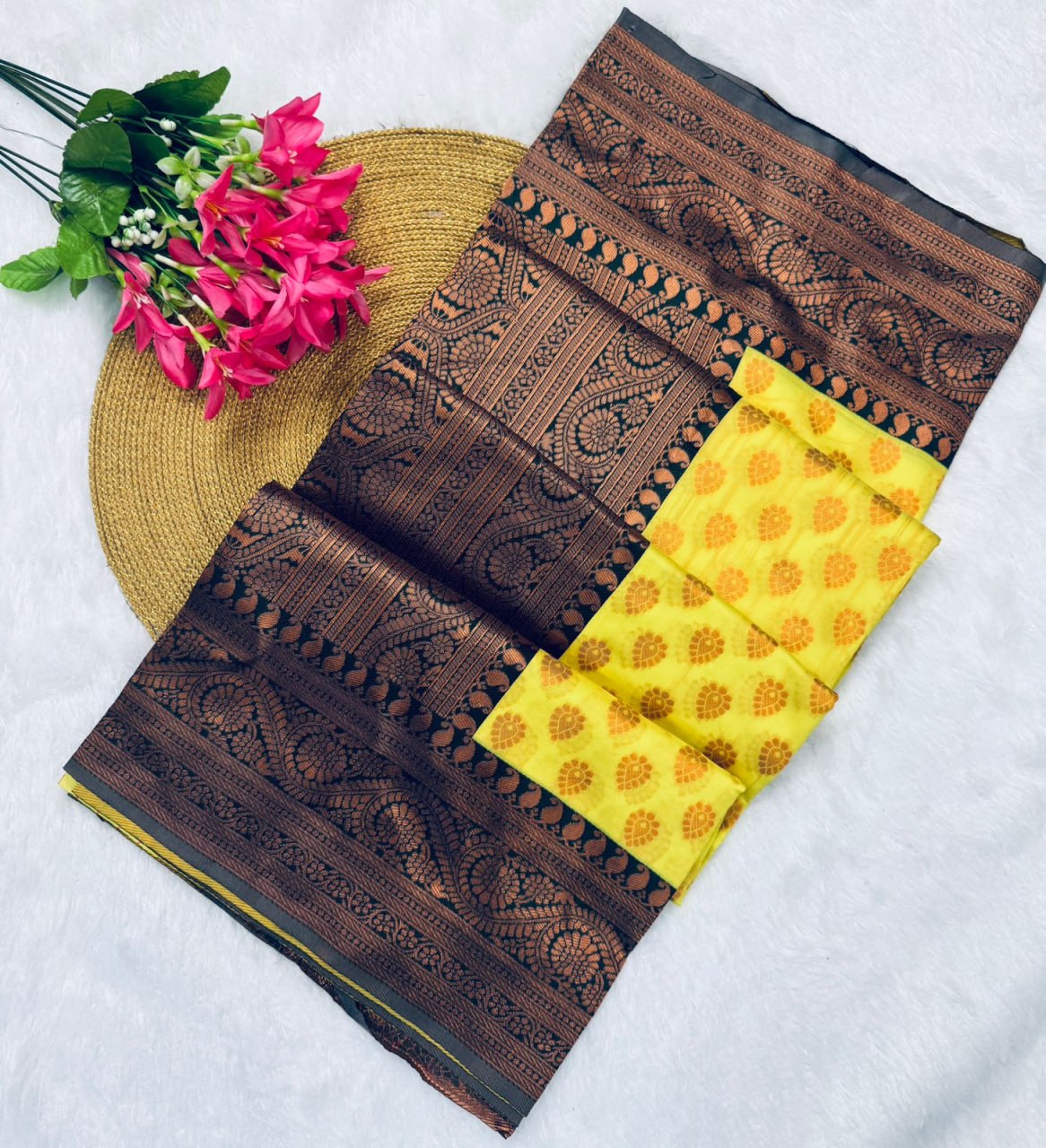 Lime Yellow and amp Teal Green Zari Woven Traditional Saree