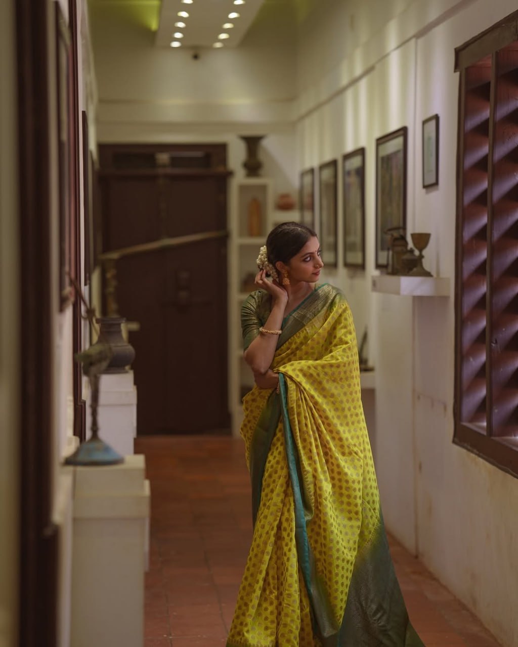 Lime Yellow and amp Teal Green Zari Woven Traditional Saree