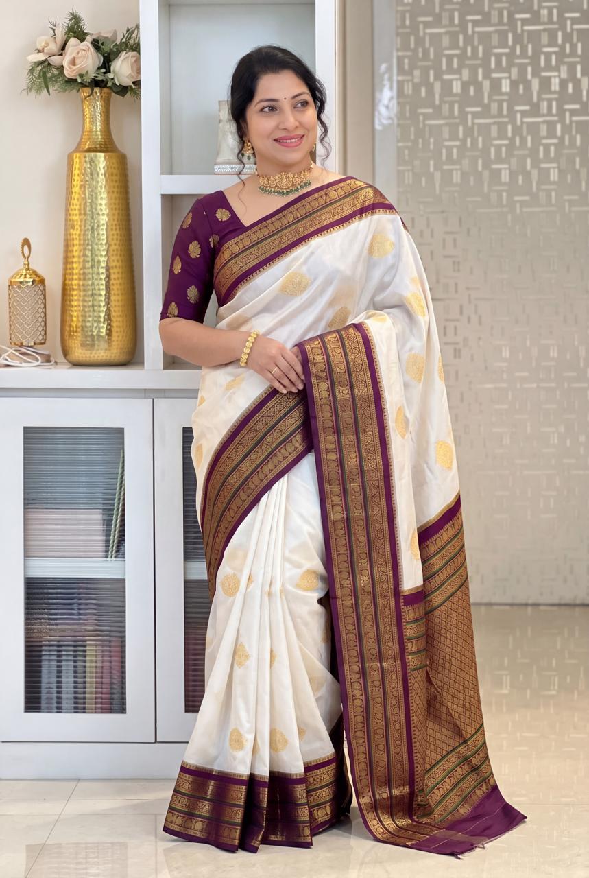 Ivory and amp Wine Purple Gold Woven Traditional Saree