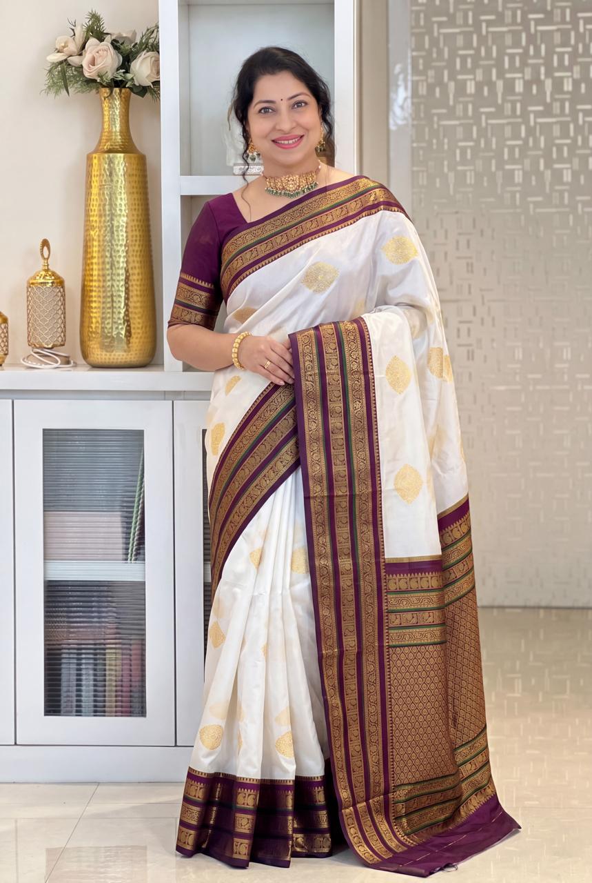 Ivory and amp Wine Purple Gold Woven Traditional Saree
