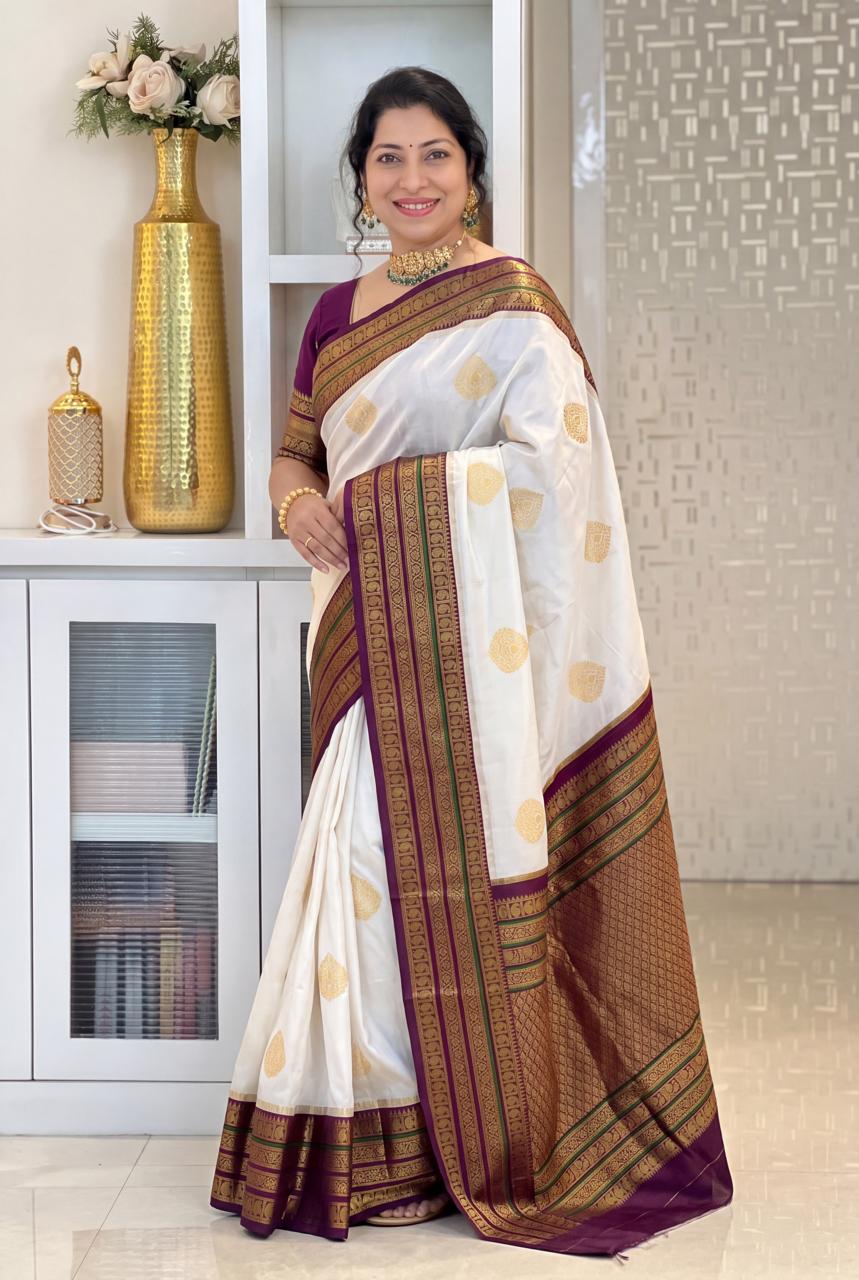 Ivory and amp Wine Purple Gold Woven Traditional Saree