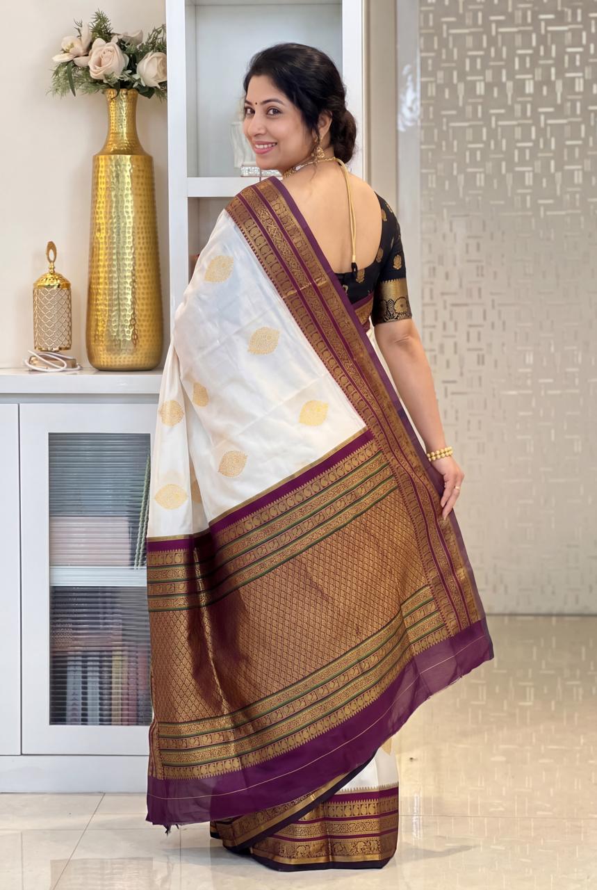 Ivory and amp Wine Purple Gold Woven Traditional Saree