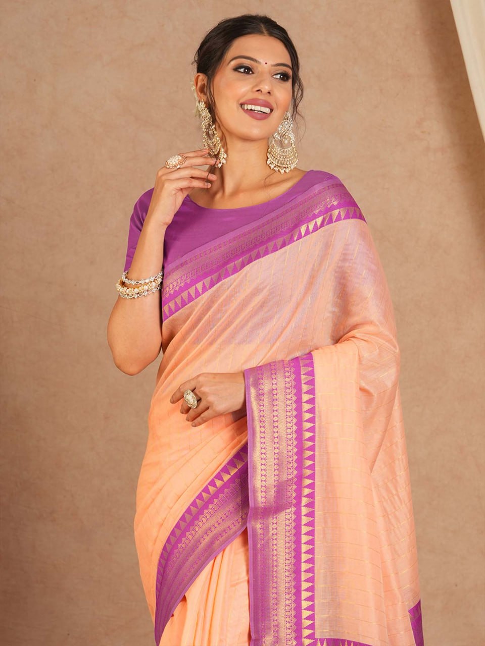 Peach and amp Purple Woven Border Elegant Traditional Saree