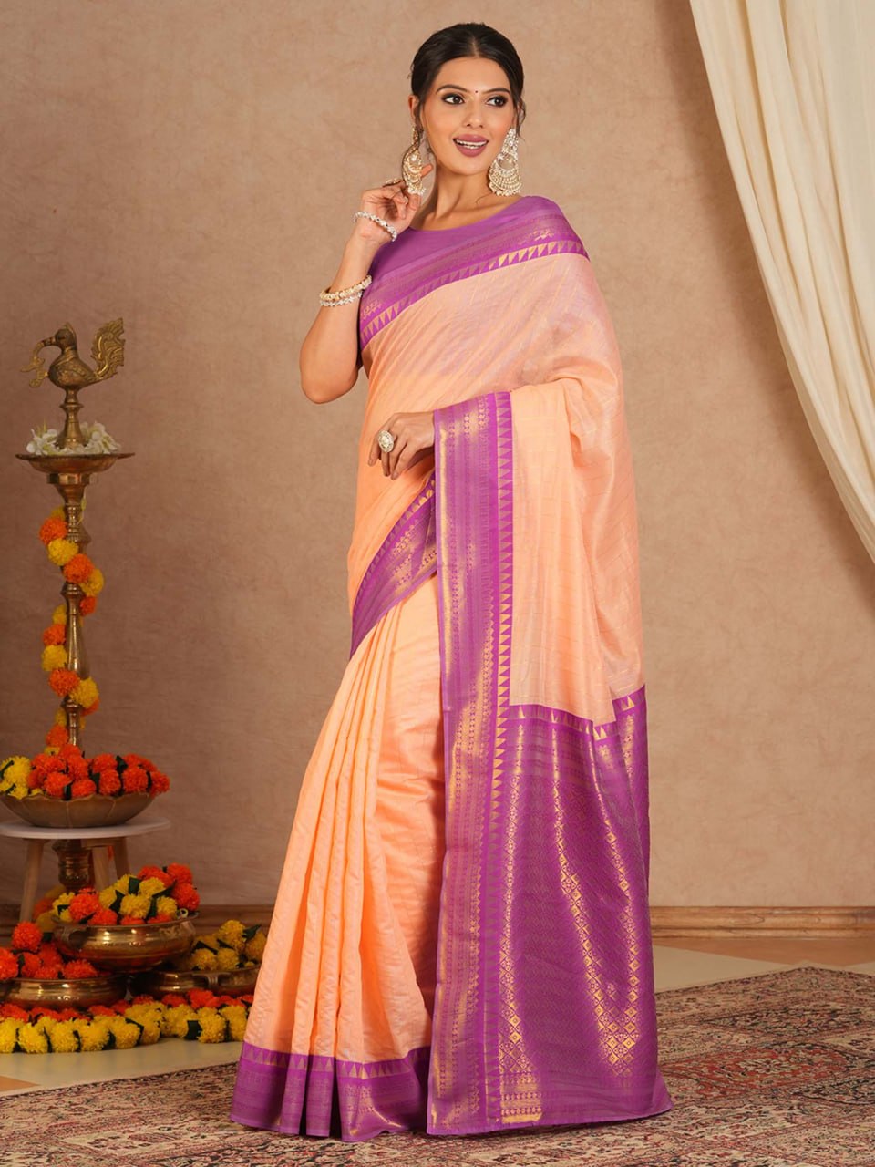 Peach and amp Purple Woven Border Elegant Traditional Saree
