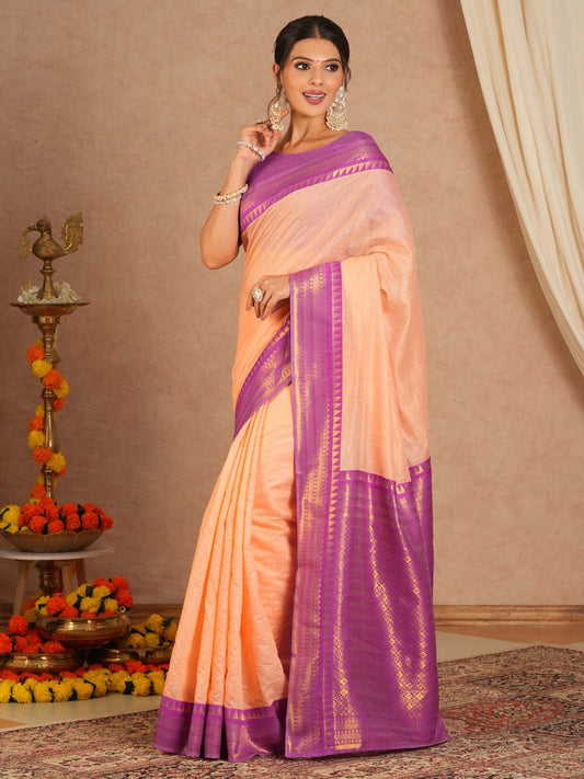 Peach and amp Purple Woven Border Elegant Traditional Saree