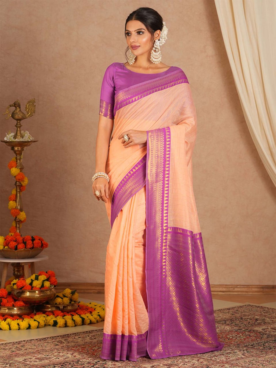 Peach and amp Purple Woven Border Elegant Traditional Saree
