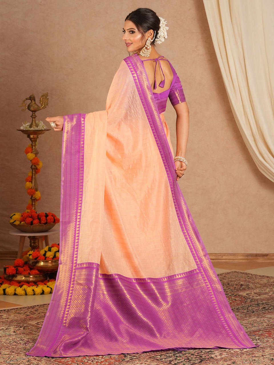 Peach and amp Purple Woven Border Elegant Traditional Saree