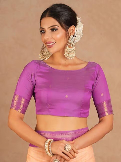 Peach and amp Purple Woven Border Elegant Traditional Saree