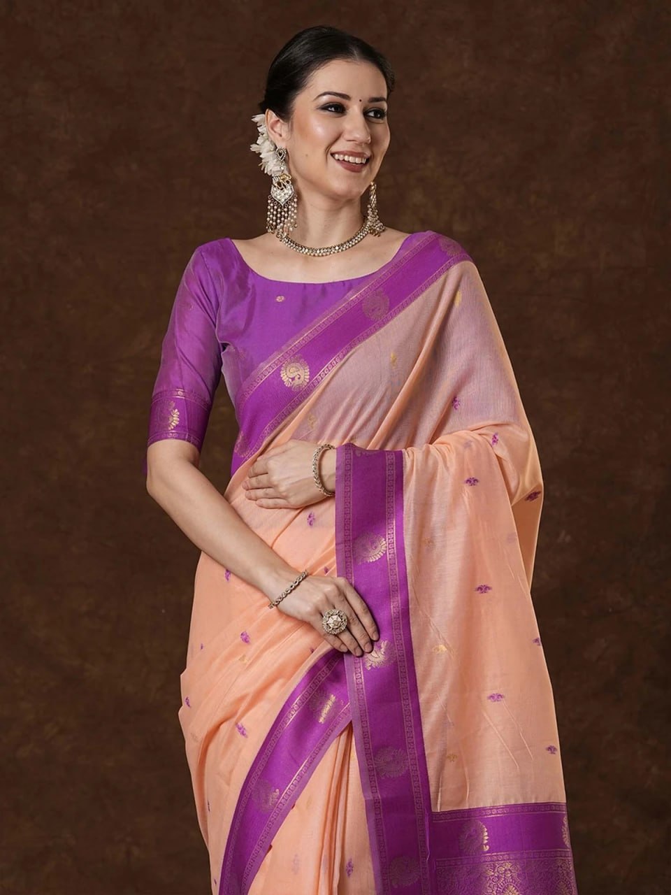 Peach and Magenta Woven Border Traditional Saree