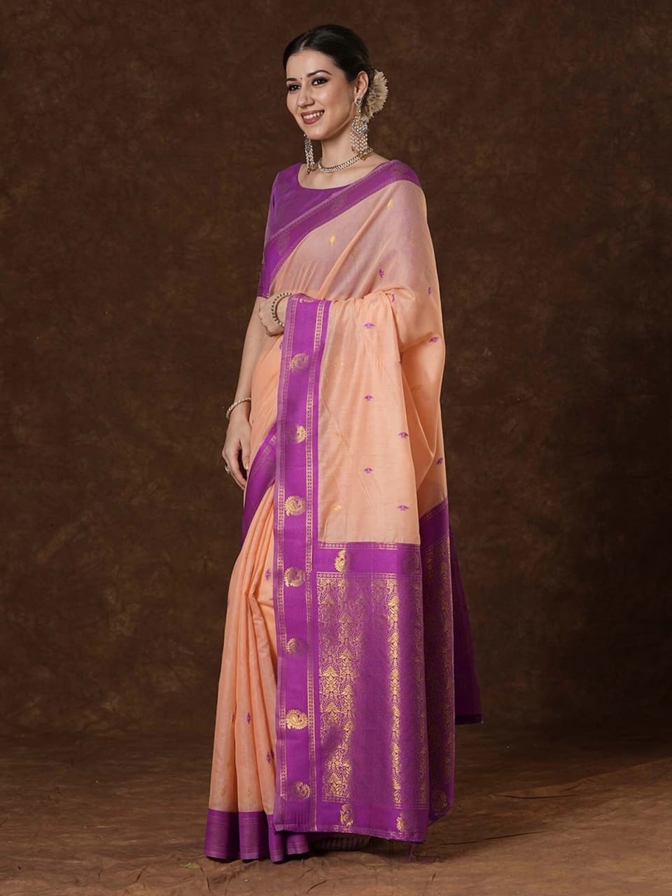 Peach and Magenta Woven Border Traditional Saree