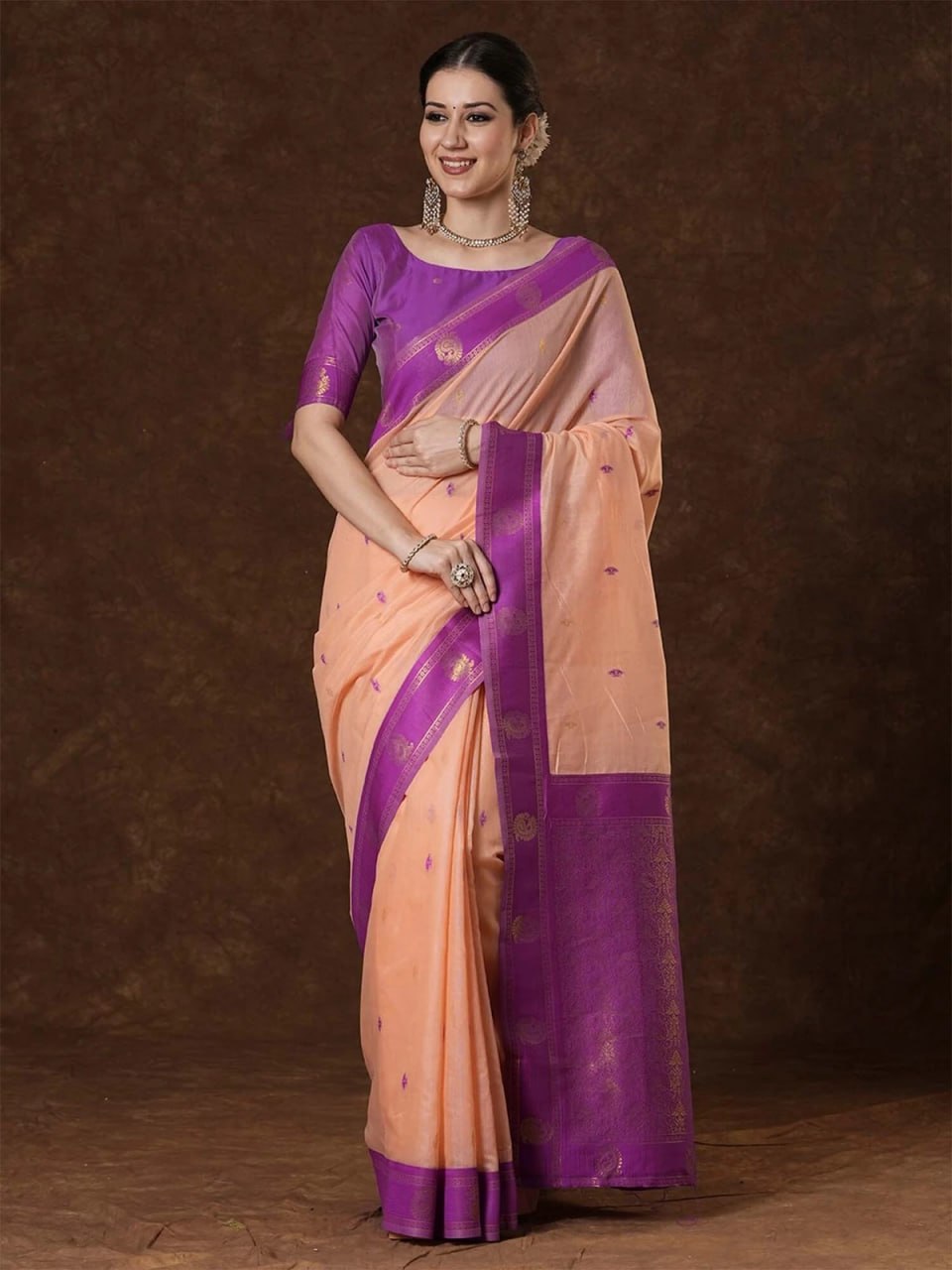 Peach and Magenta Woven Border Traditional Saree