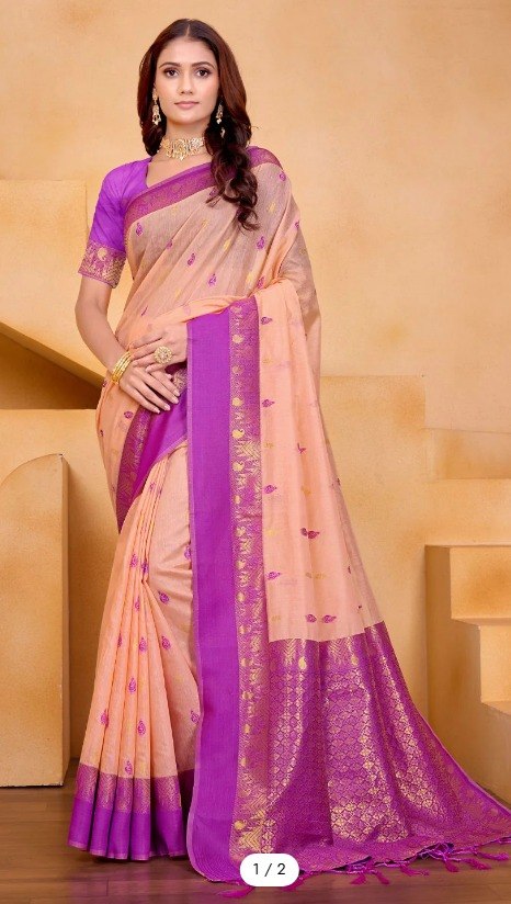Peach and Magenta Woven Border Traditional Saree