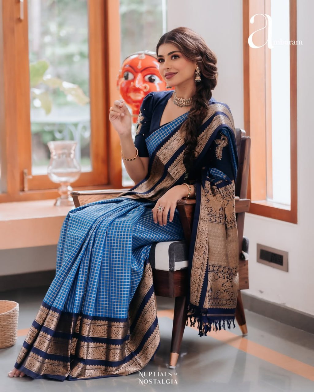 Royal Blue and Navy Gold Woven Border Traditional Saree