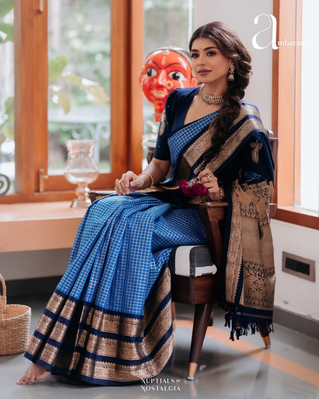 Royal Blue and Navy Gold Woven Border Traditional Saree