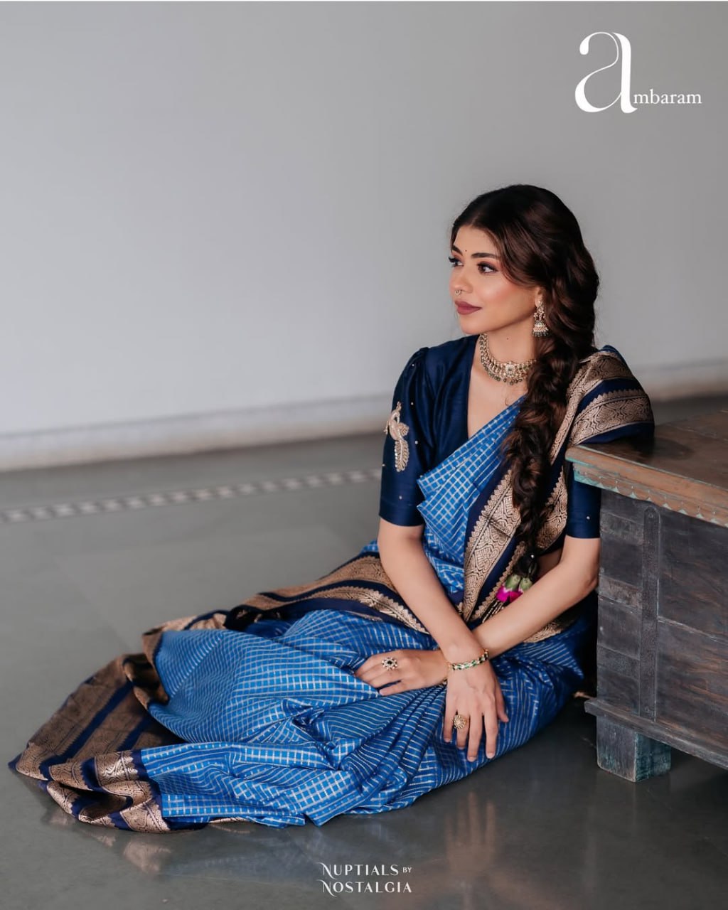 Royal Blue and Navy Gold Woven Border Traditional Saree
