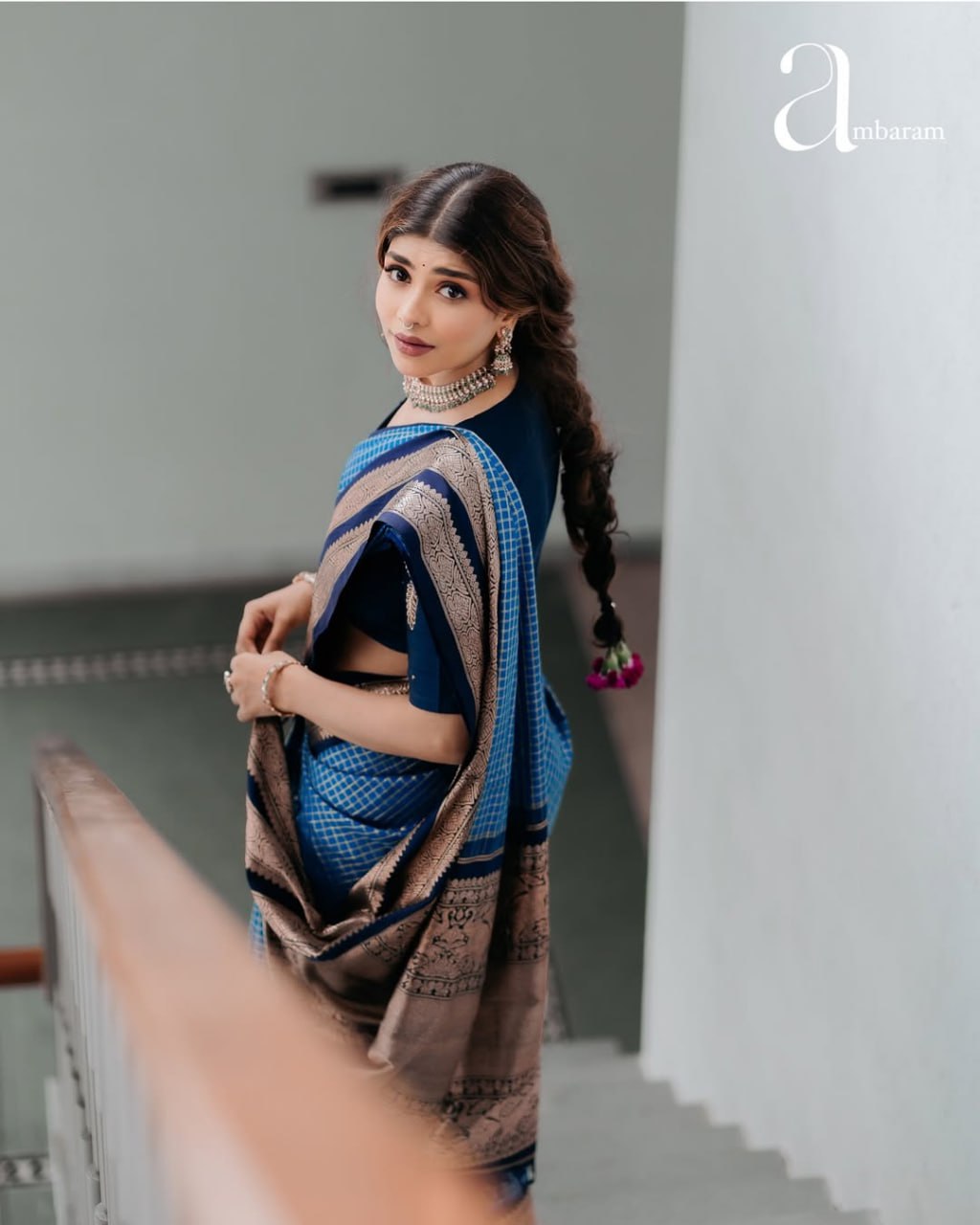 Royal Blue and Navy Gold Woven Border Traditional Saree